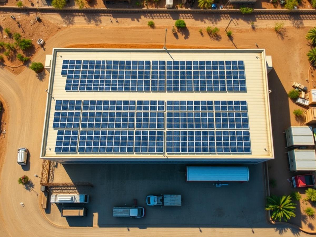 Vue aérienne d'une toiture industrielle entièrement couverte de panneaux photovoltaïques