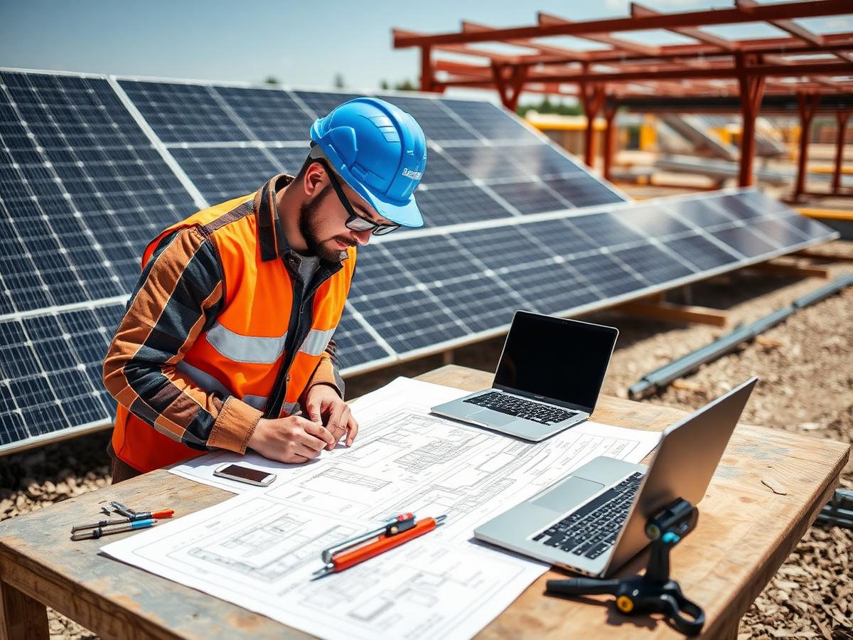 Ingénieur étudiant les plans techniques d'une installation solaire sur site